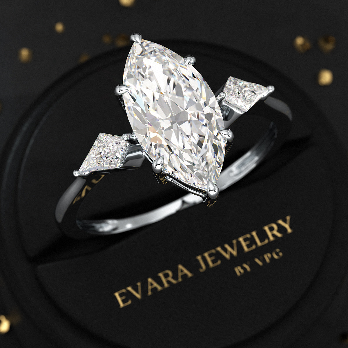 2 Carat Marquise Cut Lab Grown Diamond 3 Stone Engagement Ring with Kite Accent Stone - Evara Jewelry LLC