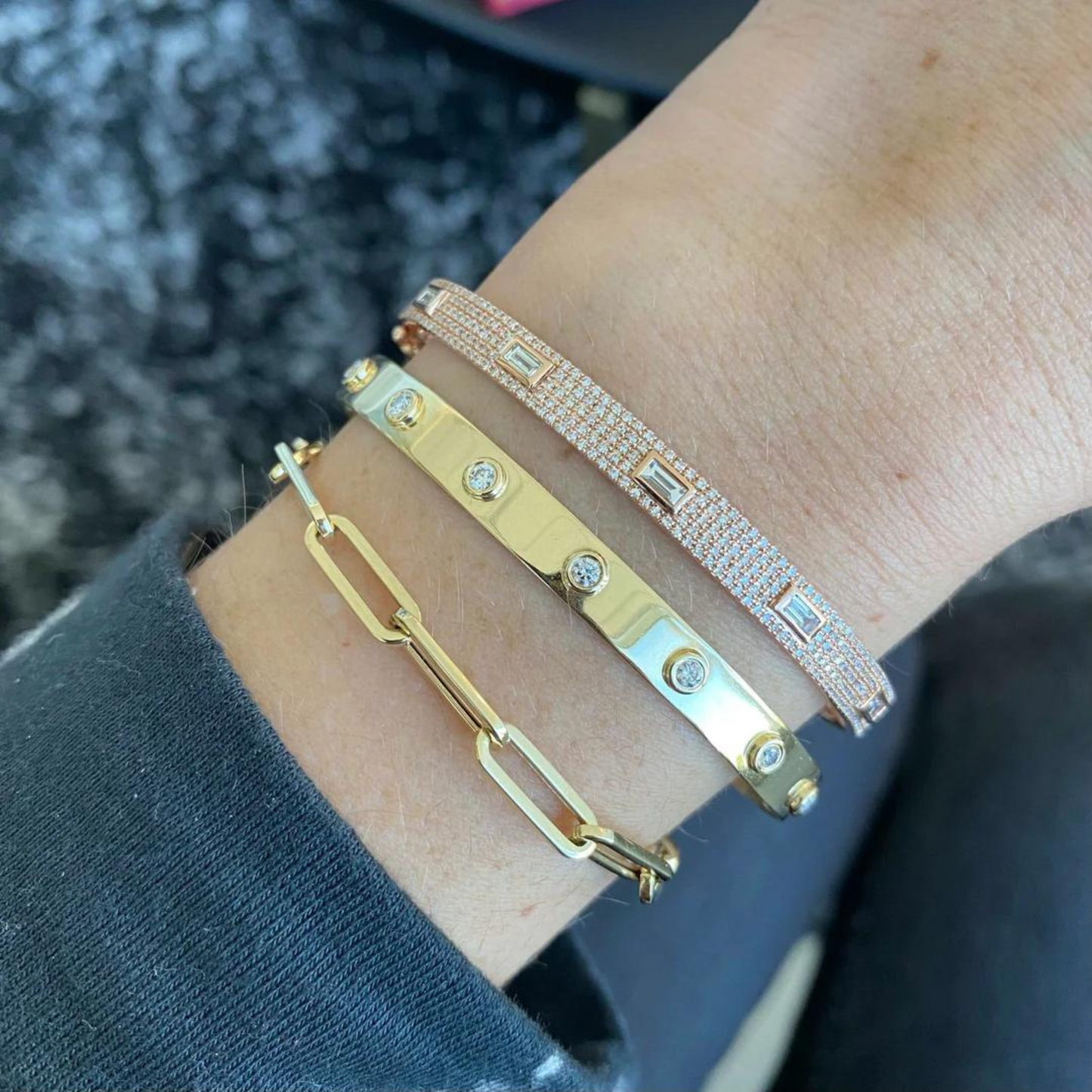 Diamond Round & Baguette Luxury Cuff Bracelet in Gold - Evara Jewelry LLC