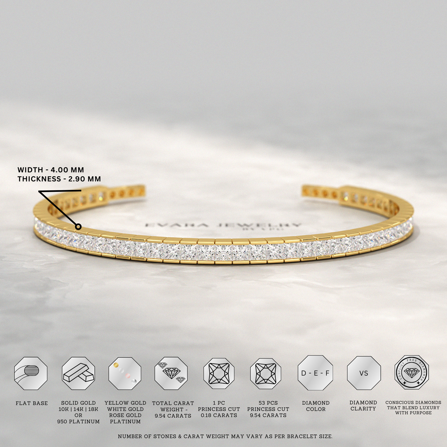 9 Carats Princess Cut Lab Grown Diamond Gold Open Cuff - Evara Jewelry LLC