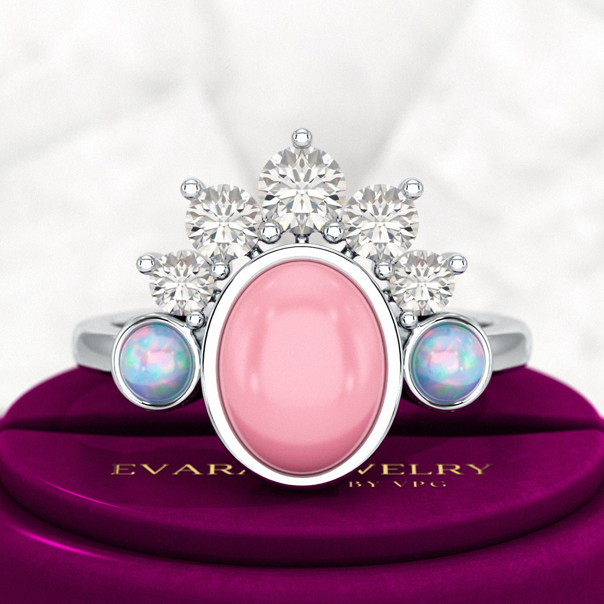 Barbie Theme Pink Opal Multi Stone Art Deco Ring with Fire Opal and Lab Grown Diamonds - Evara Jewelry LLC