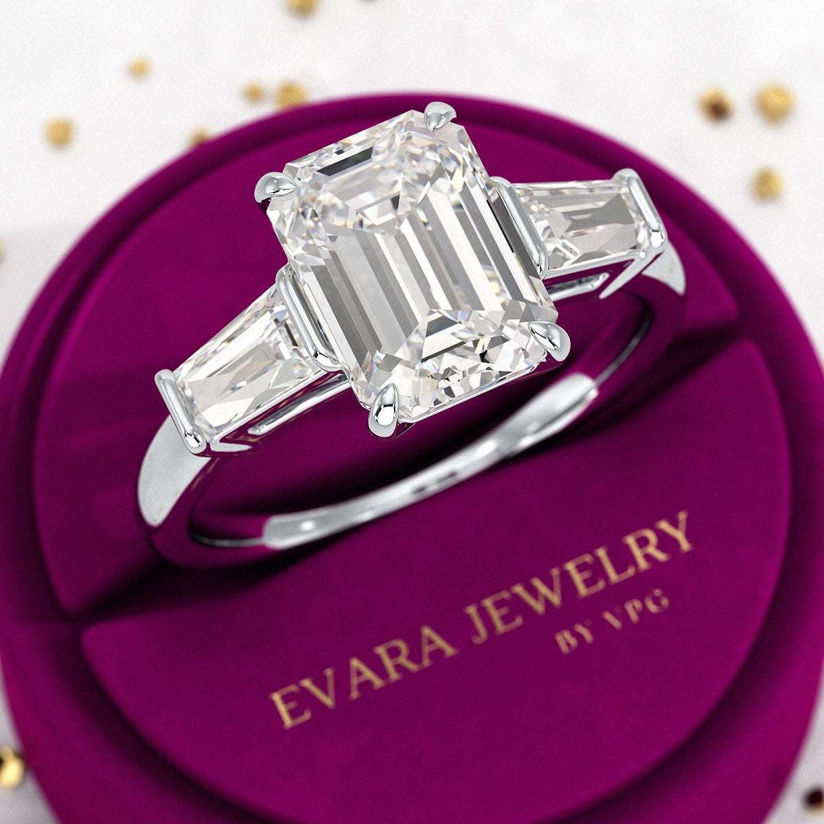 3 Carat Emerald Cut Lab Grown Diamond 3 Stone Ring - Evara Jewelry LLC