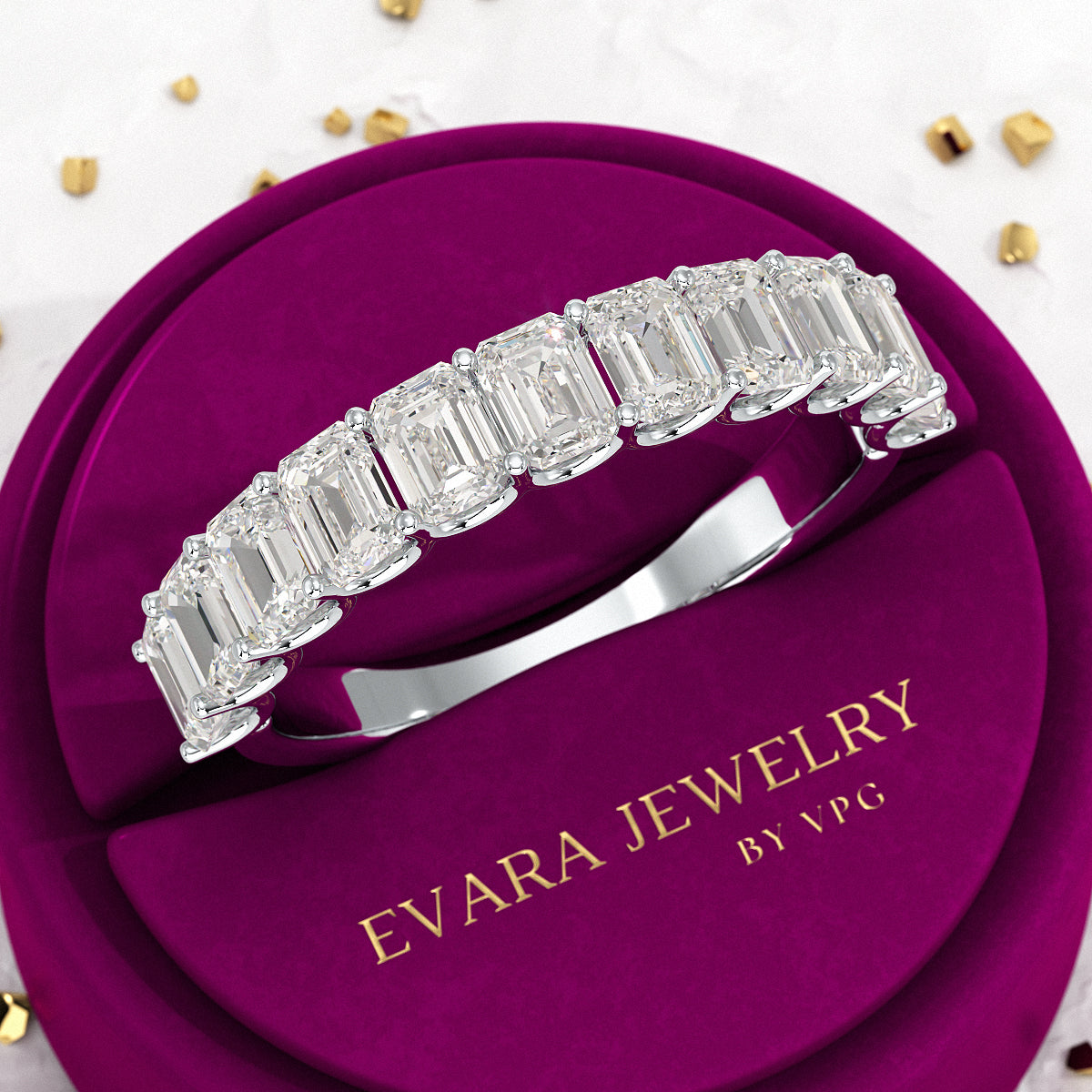 2 Carat Emerald Cut Diamond Narrowed Half Eternity Wedding Band - Evara Jewelry LLC