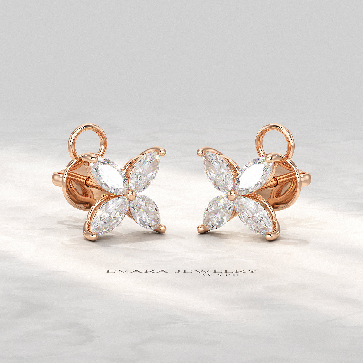 "Stylish floral motif earrings made with lab-created marquise diamonds"