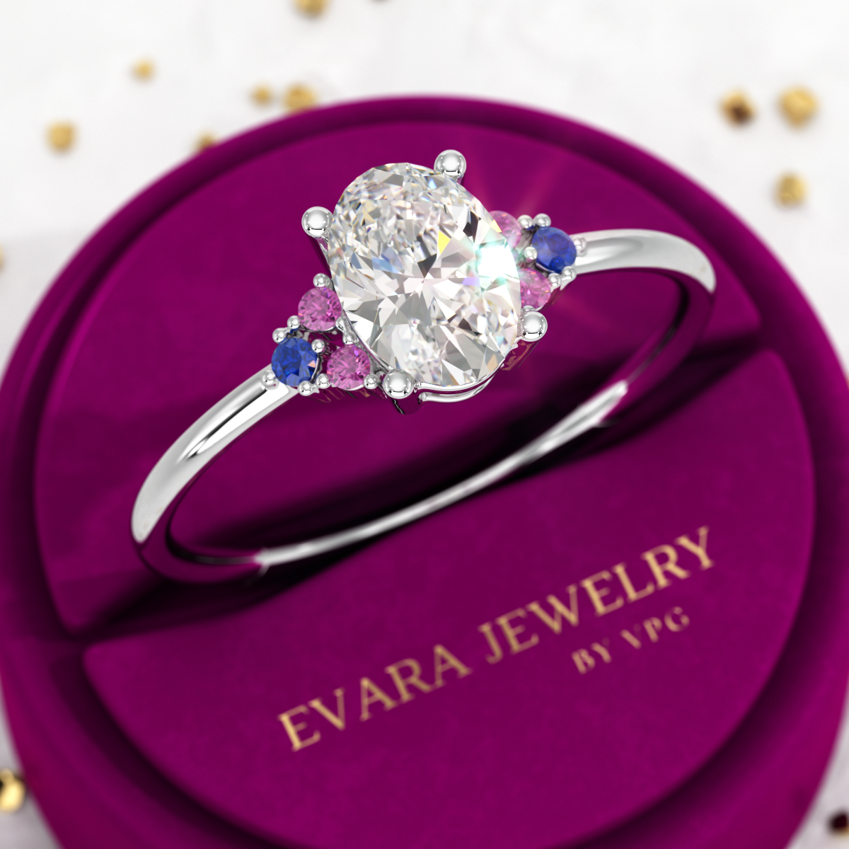 Oval CVD Diamond Engagement Ring with Natural Ruby & Sapphire - Evara Jewelry LLC