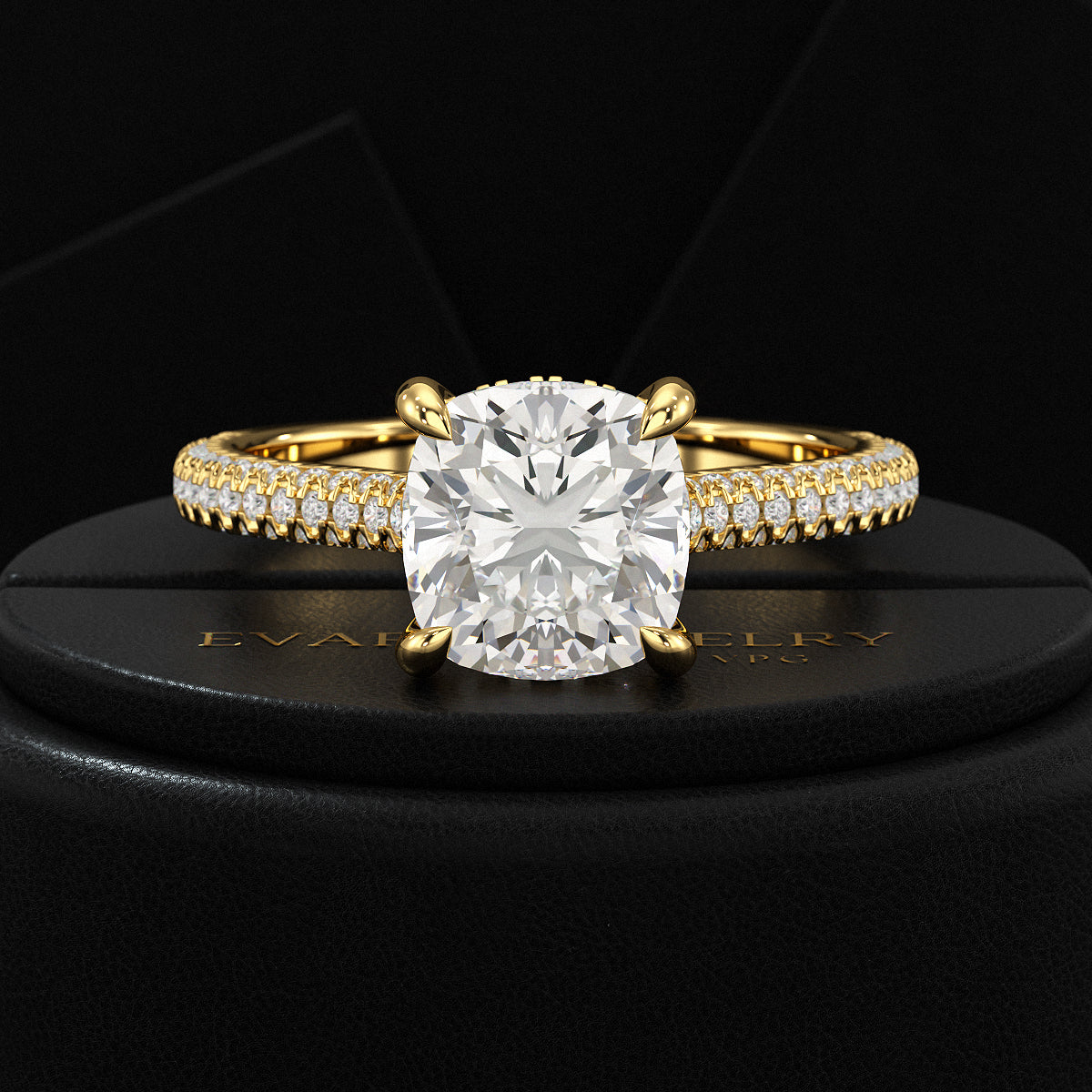 2 Carat Cushion Cut Diamond Engagement Ring with French Pave Band