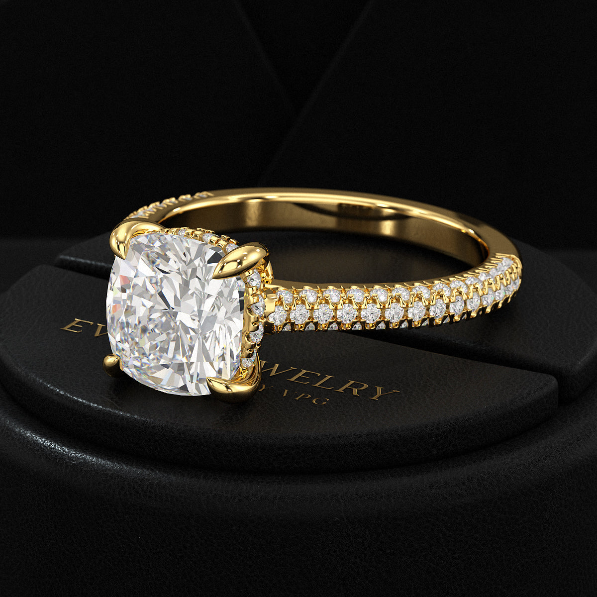 2 Carat Cushion Cut Diamond Engagement Ring with French Pave Band