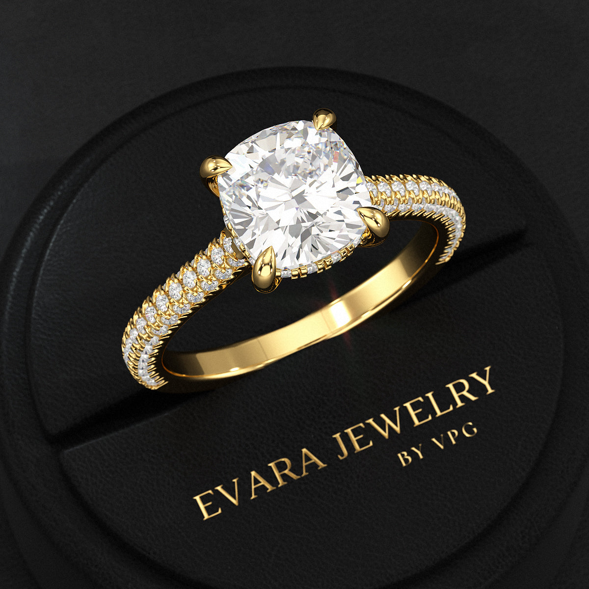 2 Carat Cushion Cut Diamond Engagement Ring with French Pave Band