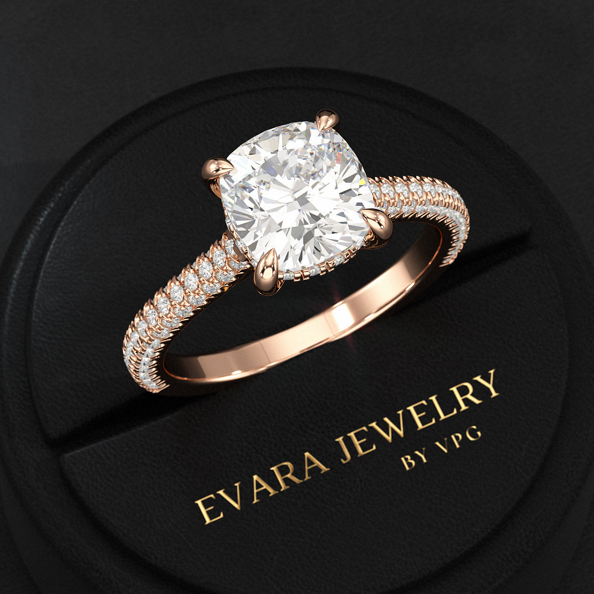 2 Carat Cushion Cut Diamond Engagement Ring with French Pave Band