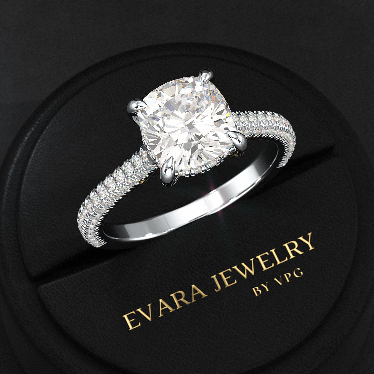 2 Carat Cushion Cut Diamond Engagement Ring with French Pave Band