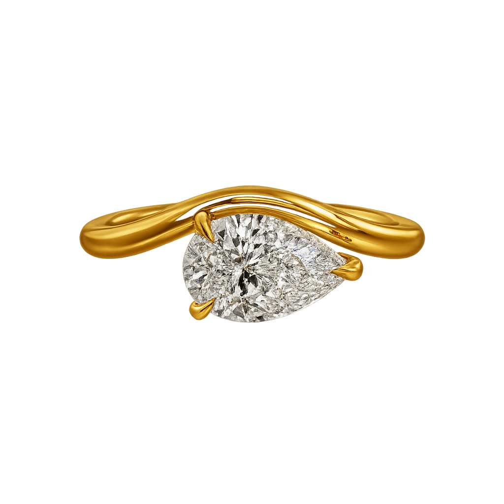 Gold east west ring with a pear-shaped diamond