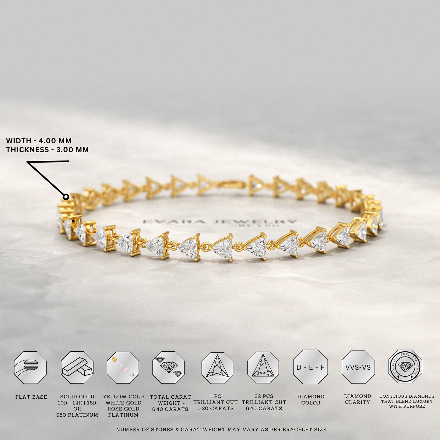 6.40 Carats Trilliant Cut Lab Grown Diamond Bracelet - Evara Jewelry LLC