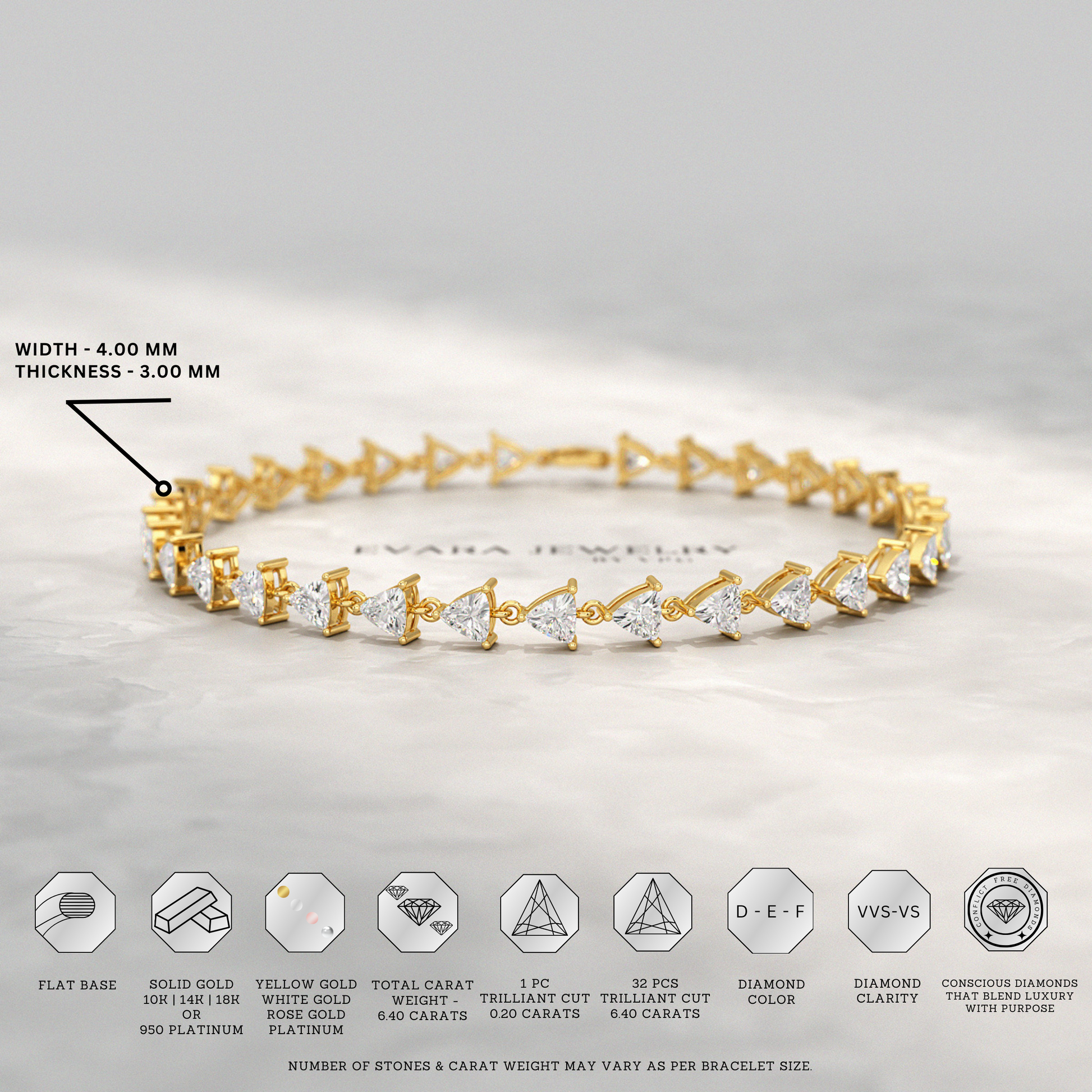 6.40 Carats Trilliant Cut Lab Grown Diamond Bracelet - Evara Jewelry LLC
