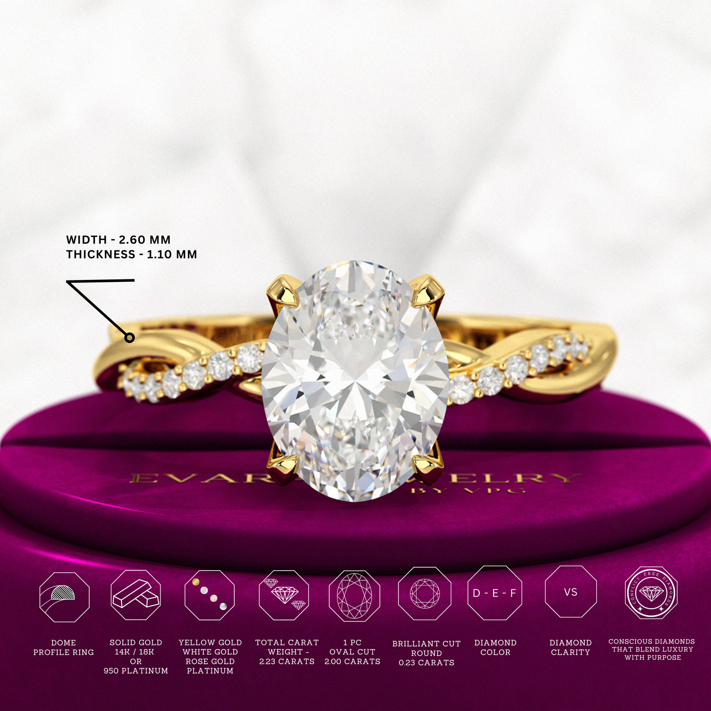 2 Carat Oval Diamond Nature Inspired Minimalist Engagement Ring - Evara Jewelry LLC