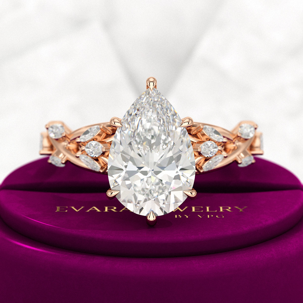 3 Carat Pear Cut Diamond Nature Inspired Art Deco Engagement Ring - Evara Jewelry LLC