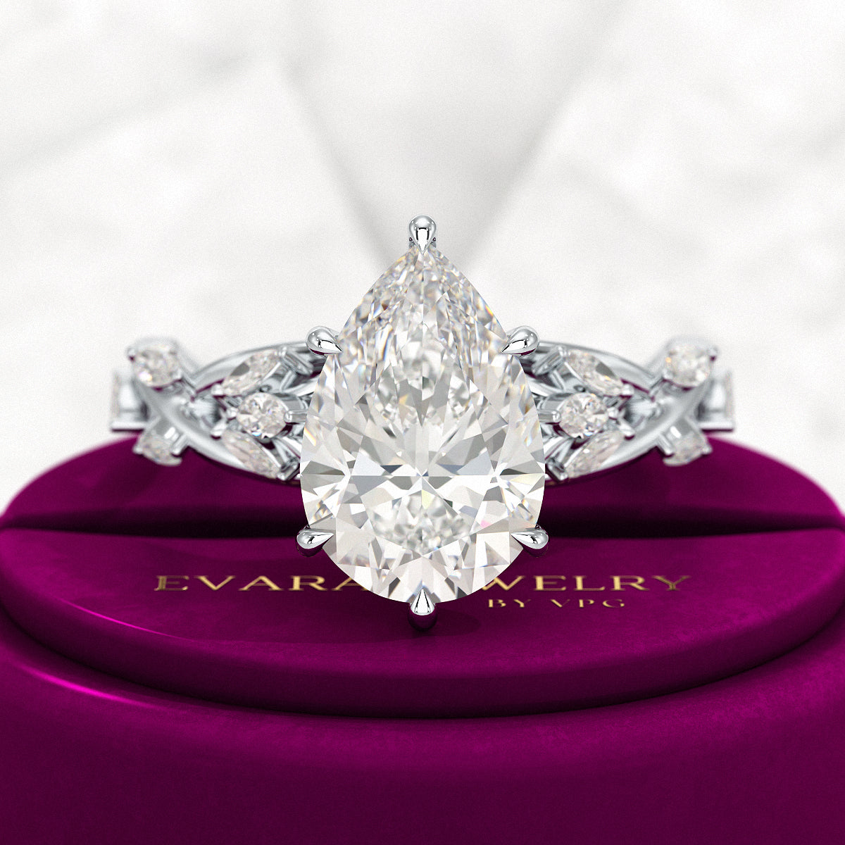 3 Carat Pear Cut Diamond Nature Inspired Art Deco Engagement Ring - Evara Jewelry LLC