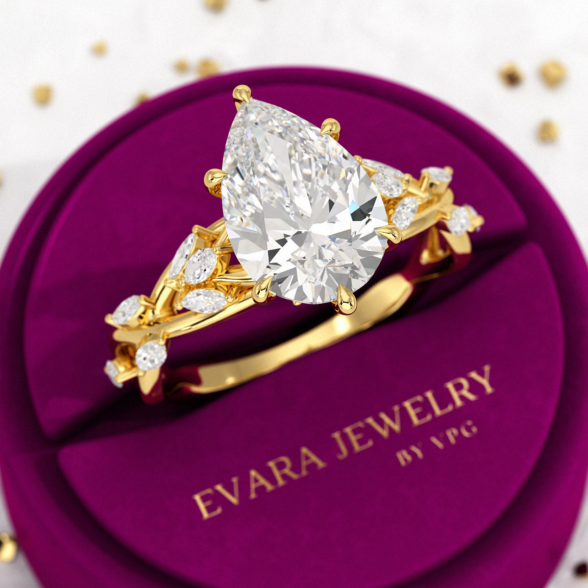 3 Carat Pear Cut Diamond Nature Inspired Art Deco Engagement Ring - Evara Jewelry LLC