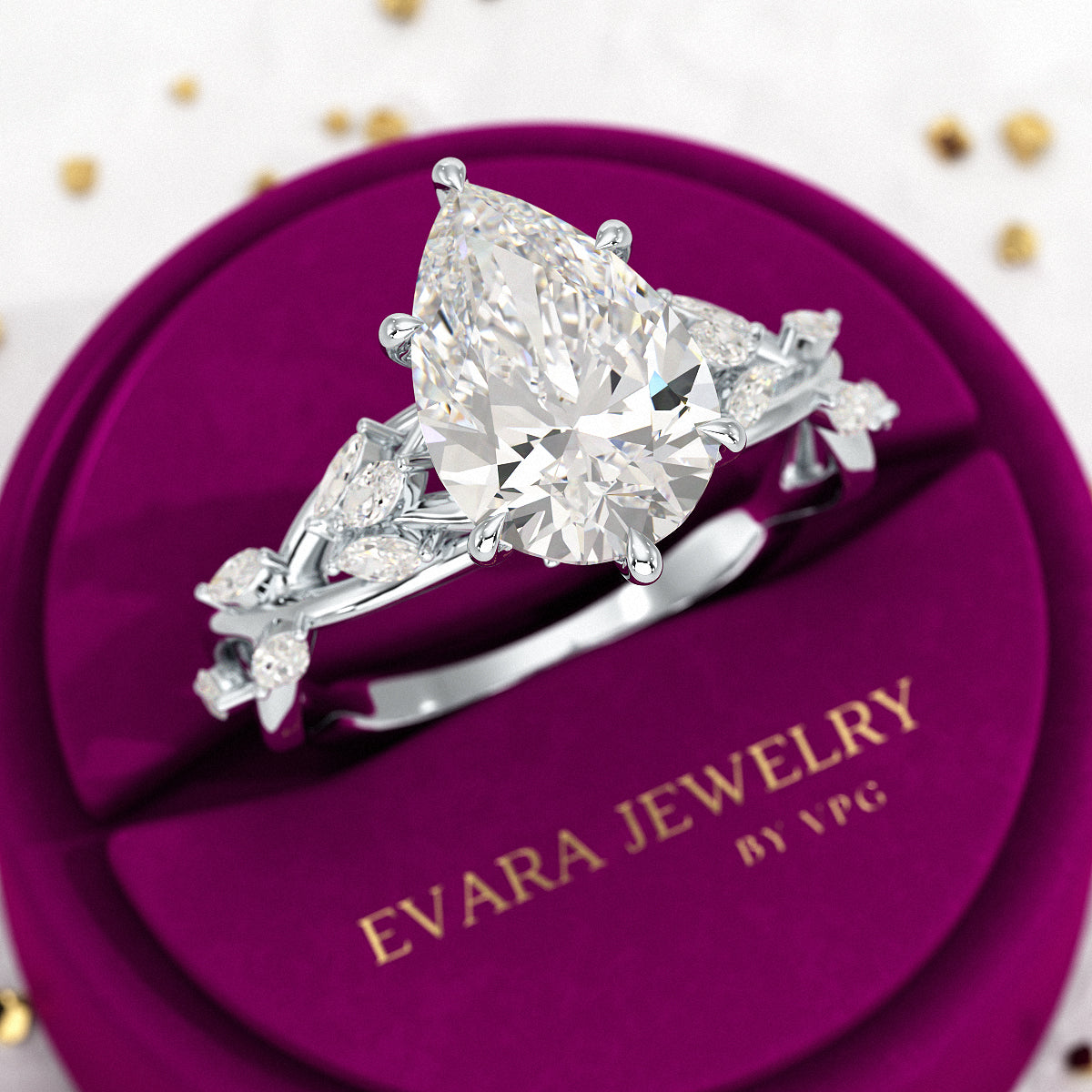 3 Carat Pear Cut Diamond Nature Inspired Art Deco Engagement Ring - Evara Jewelry LLC