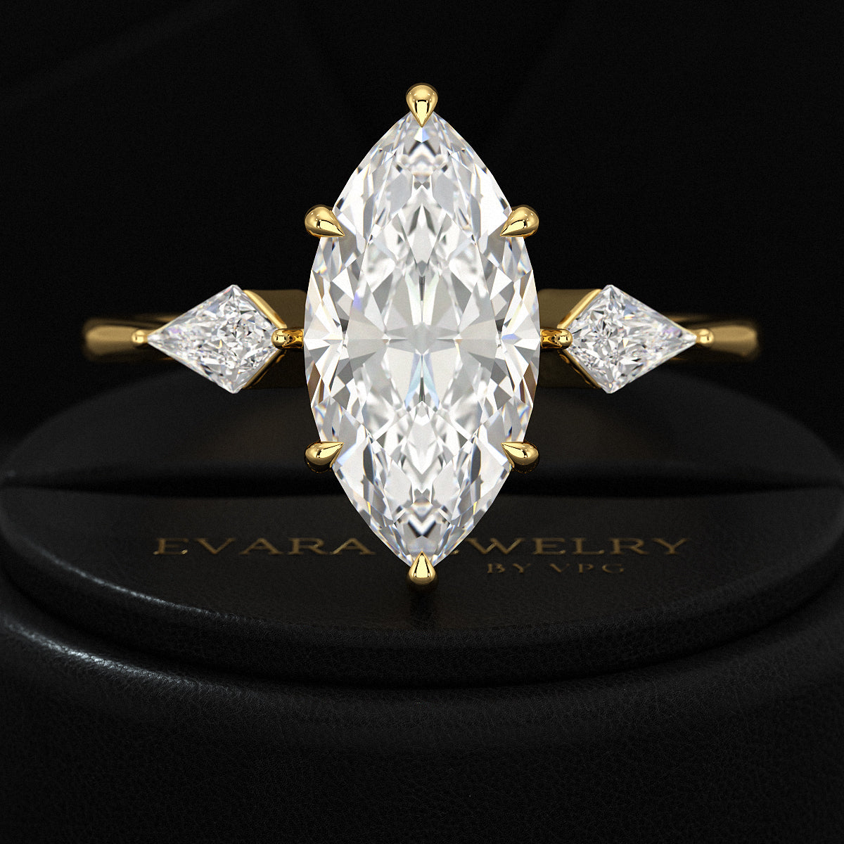 2 Carat Marquise Cut Lab Grown Diamond 3 Stone Engagement Ring with Kite Accent Stone - Evara Jewelry LLC
