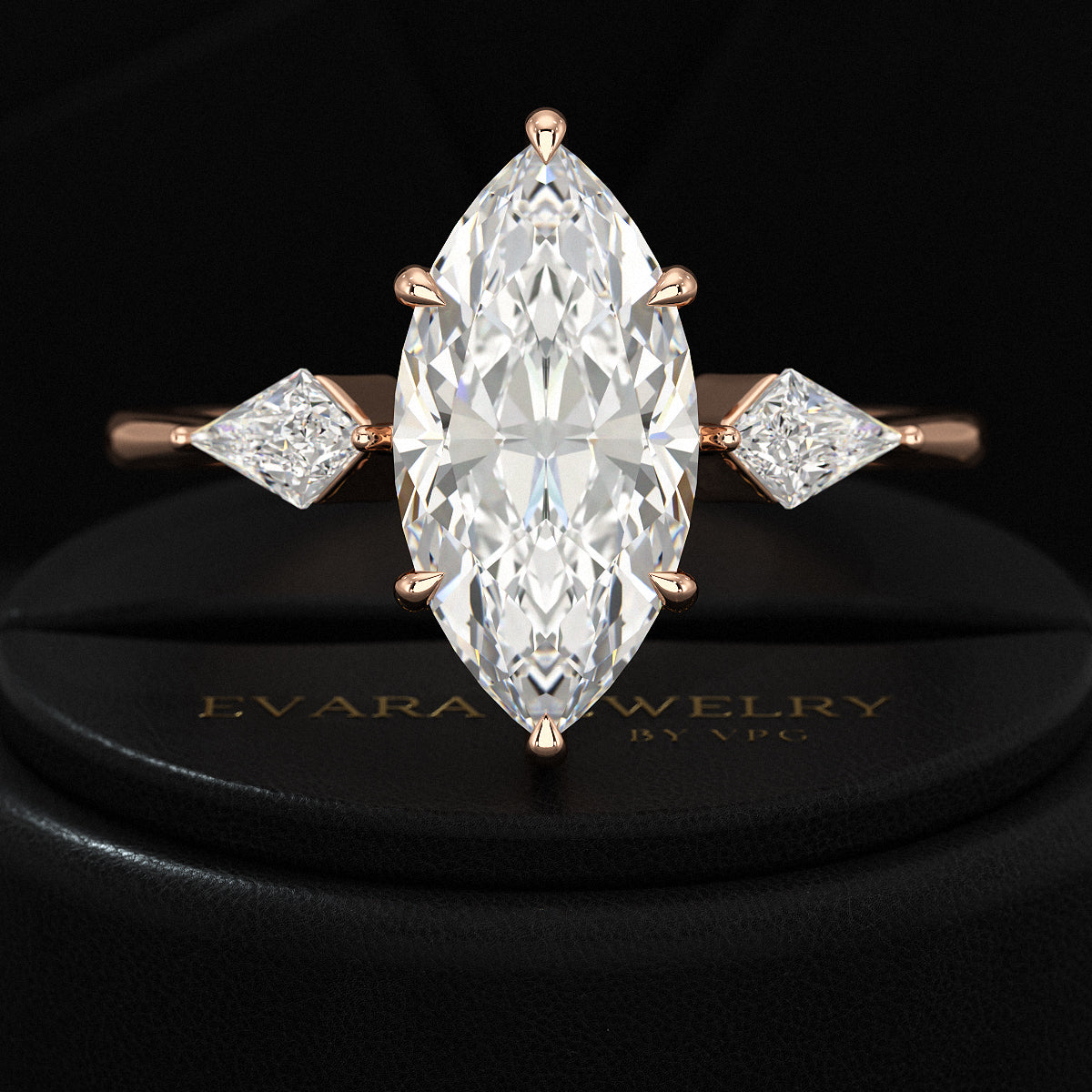 2 Carat Marquise Cut Lab Grown Diamond 3 Stone Engagement Ring with Kite Accent Stone - Evara Jewelry LLC
