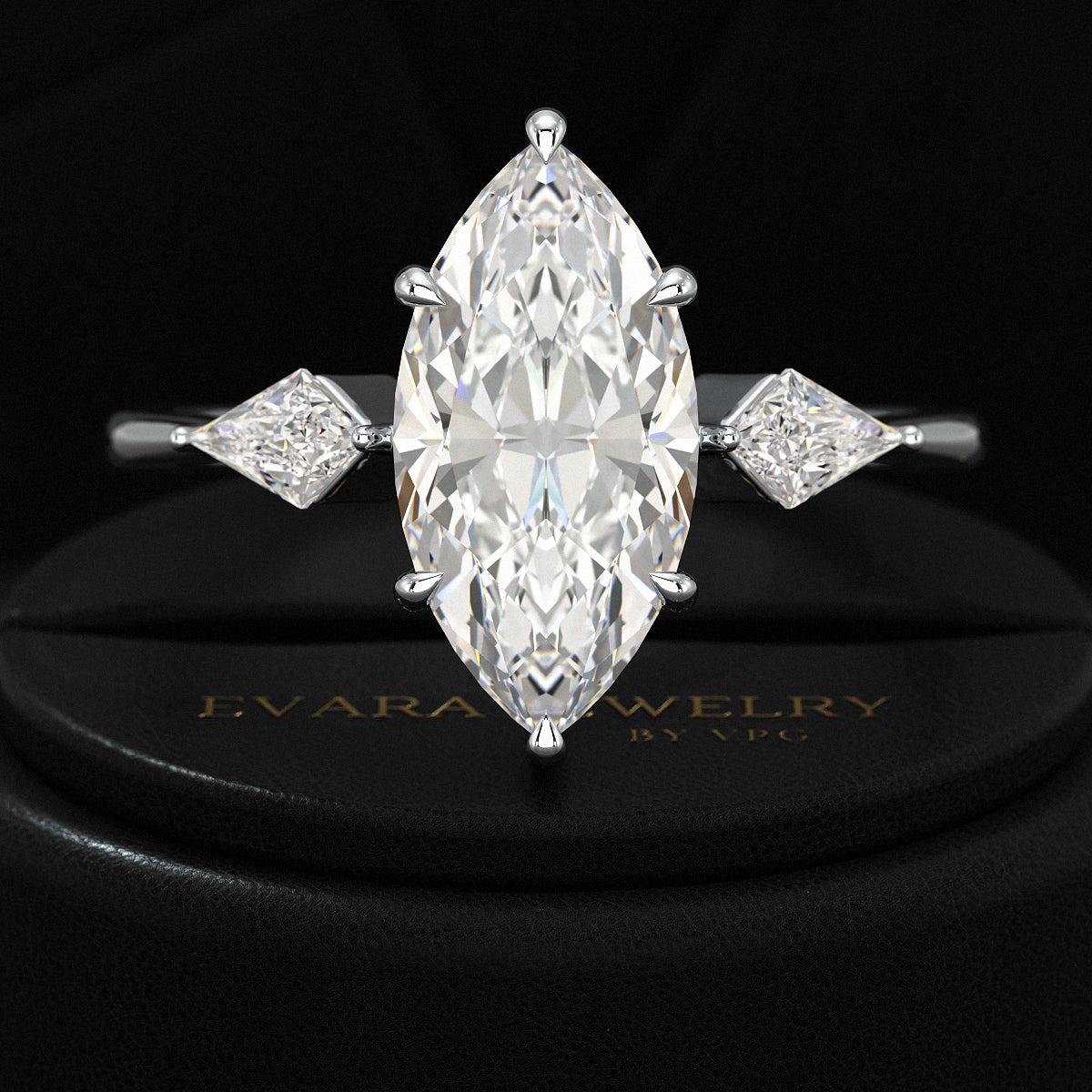 2 Carat Marquise Cut Lab Grown Diamond 3 Stone Engagement Ring with Kite Accent Stone - Evara Jewelry LLC