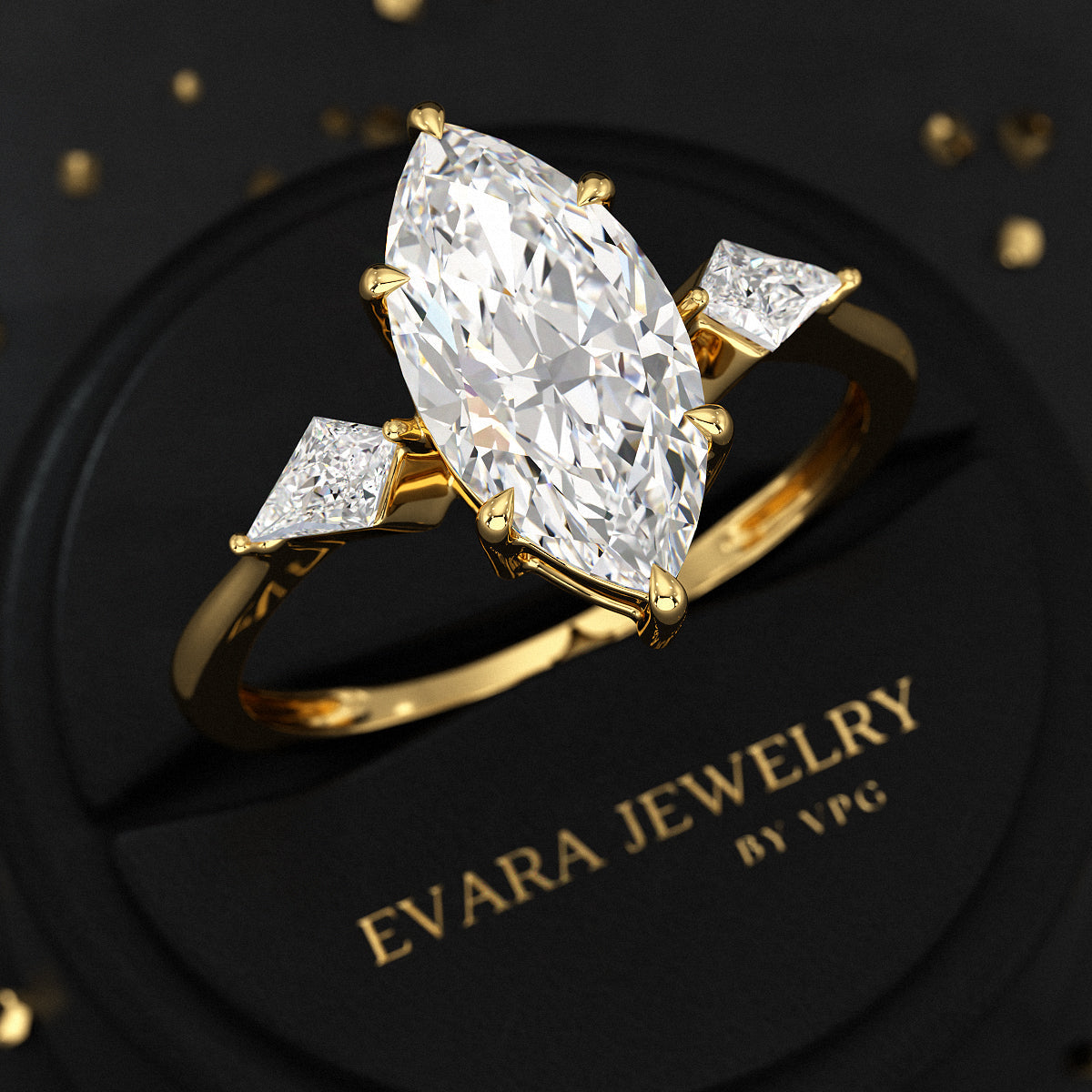 2 Carat Marquise Cut Lab Grown Diamond 3 Stone Engagement Ring with Kite Accent Stone - Evara Jewelry LLC