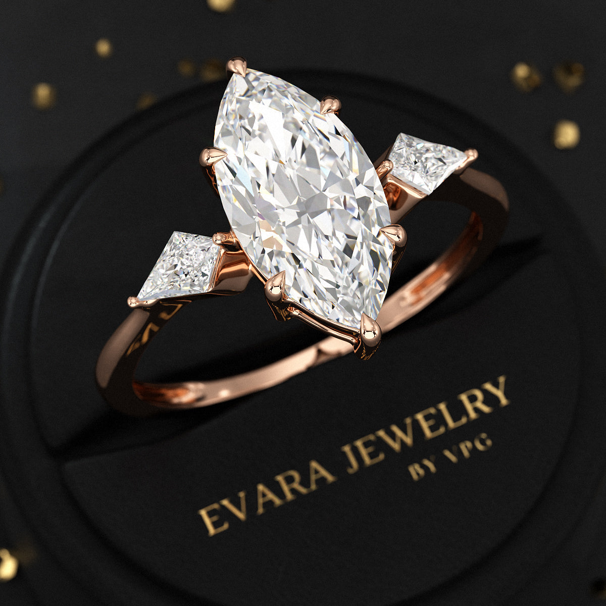 2 Carat Marquise Cut Lab Grown Diamond 3 Stone Engagement Ring with Kite Accent Stone - Evara Jewelry LLC