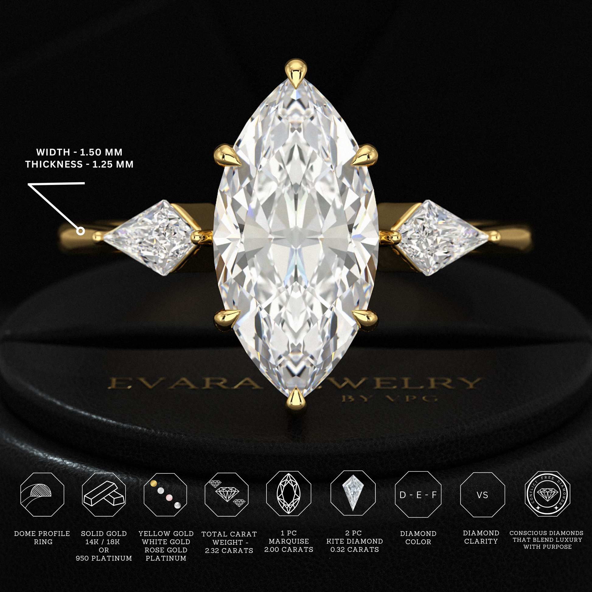 2 Carat Marquise Cut Lab Grown Diamond 3 Stone Engagement Ring with Kite Accent Stone - Evara Jewelry LLC