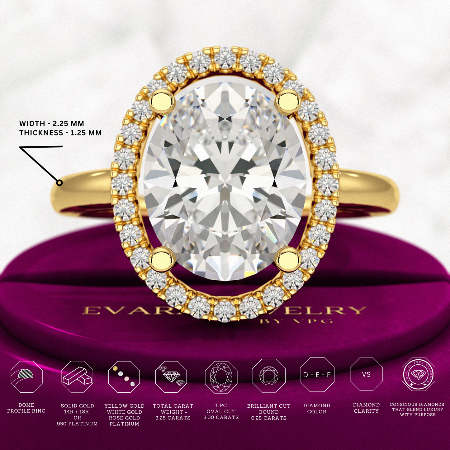 3 Carat Oval Lab Grown Diamond Halo Engagement Ring - Evara Jewelry LLC