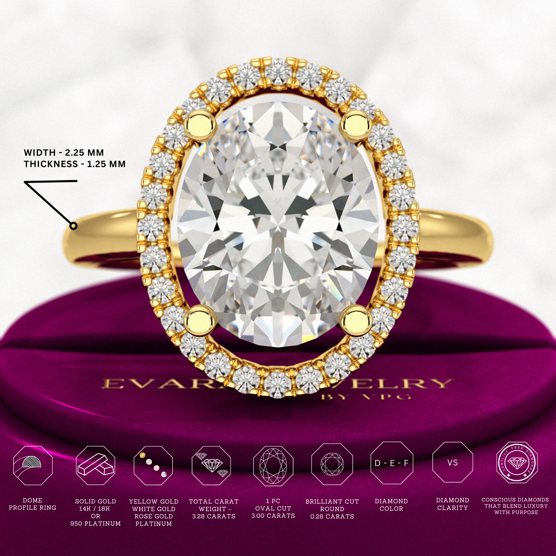 3 Carat Oval Lab Grown Diamond Halo Engagement Ring - Evara Jewelry LLC