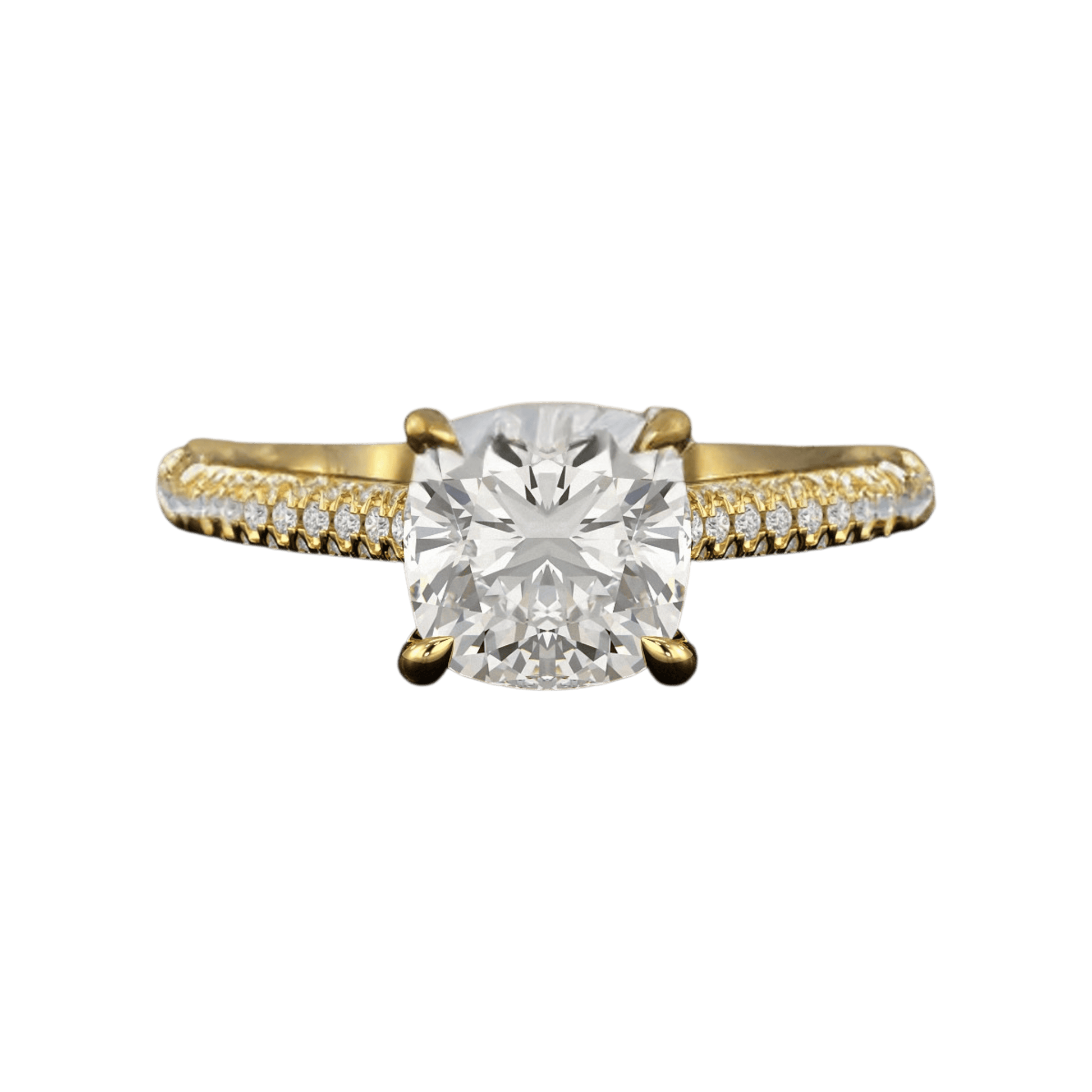 Gold ring with a large diamond and smaller diamonds on the band against a plain background