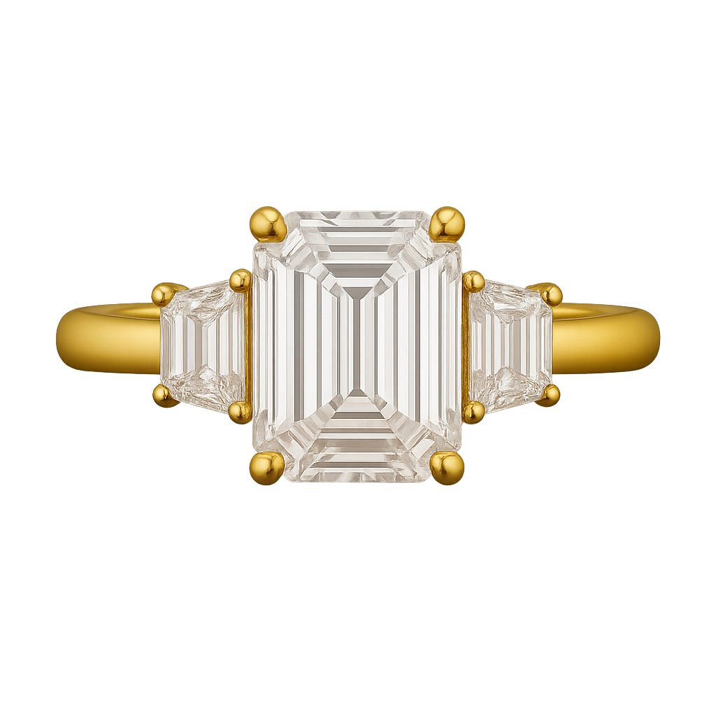 2 Carat Emerald Cut & Trapezoid Three Stone Engagement Ring