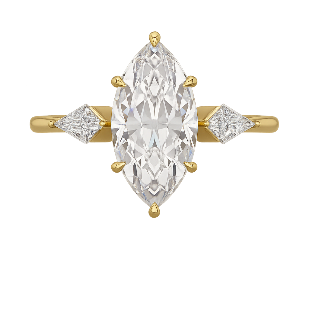 2 Carat Marquise Cut Lab Grown Diamond Three Stone Engagement Ring with Kite Accent Stone