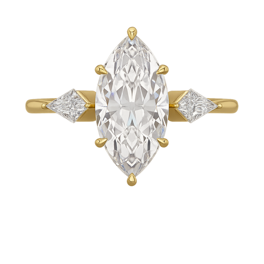 2 Carat Marquise Cut Lab Grown Diamond Three Stone Engagement Ring with Kite Accent Stone