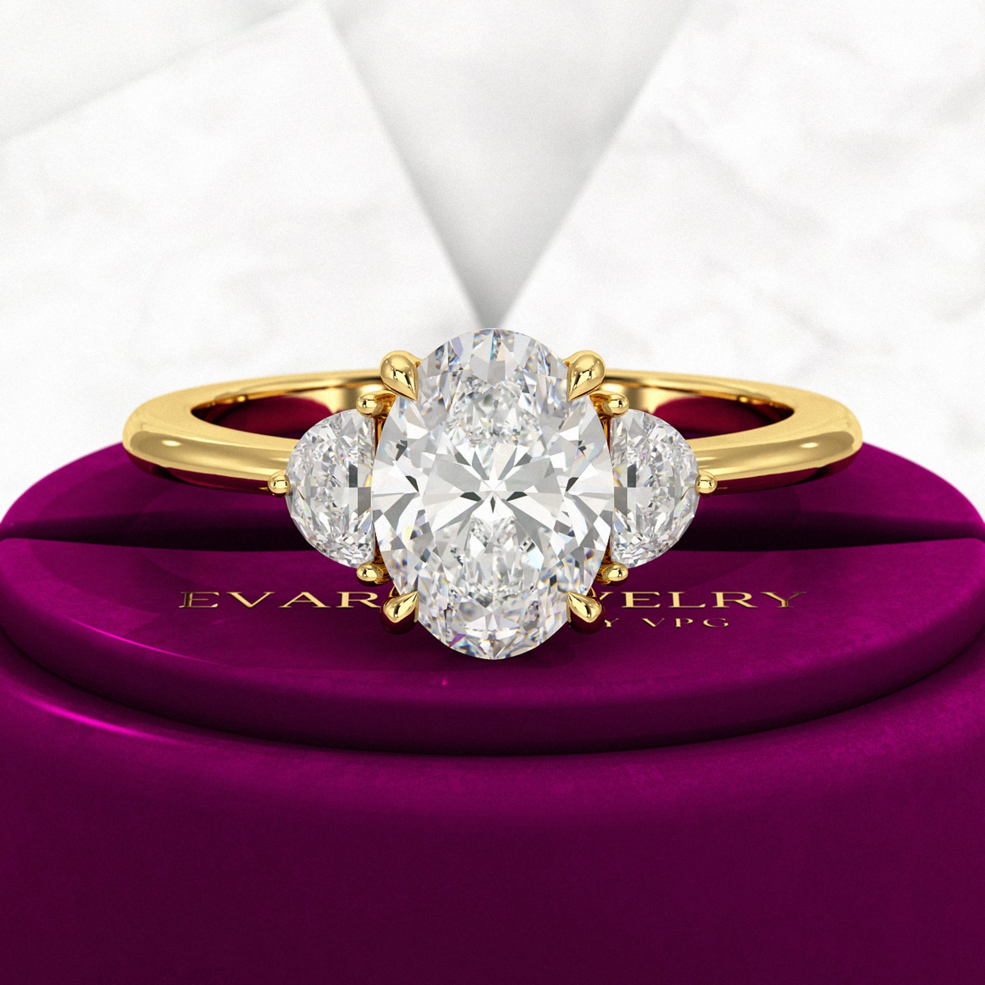 1.50 Carat Oval Diamond Engagement Ring with Half Moon Stones - Evara Jewelry LLC