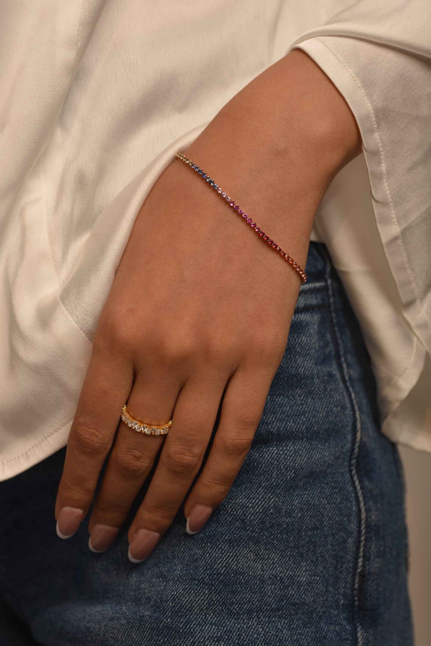 3.18 Carats Natural Rainbow Sapphire Tennis Bracelet in 14K/18K White Gold