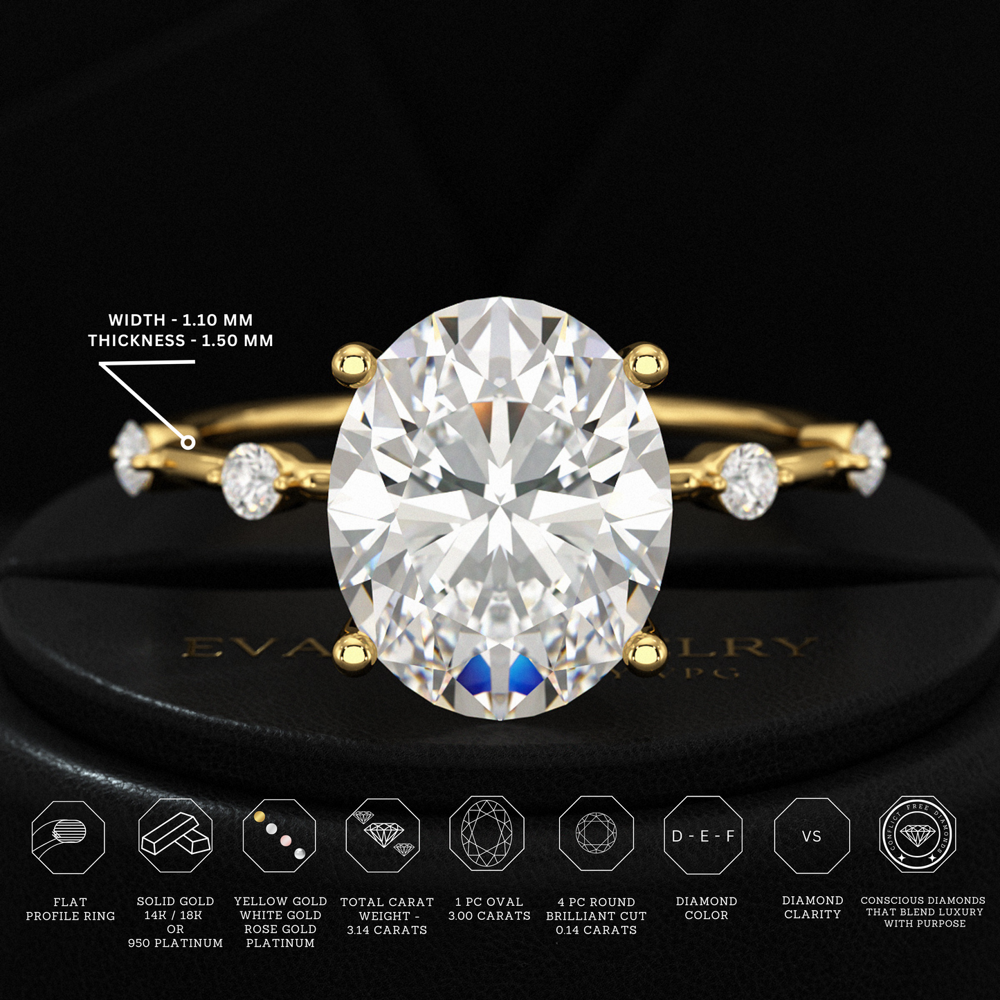 3 Carat Oval Lab Grown Diamond Thin Engagement Ring - Evara Jewelry LLC