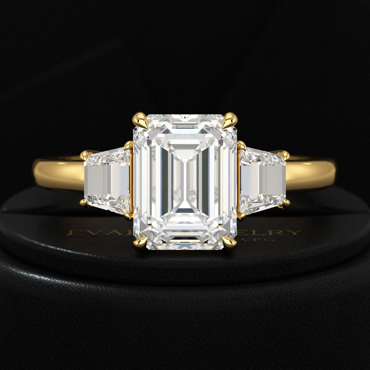 2 Carat Emerald Cut & Trapezoid Three Stone Engagement Ring - Evara Jewelry LLC
