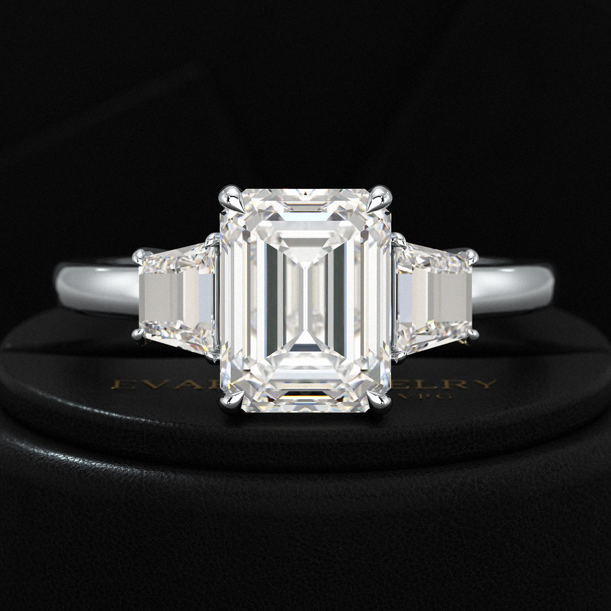 2 Carat Emerald Cut & Trapezoid Three Stone Engagement Ring - Evara Jewelry LLC