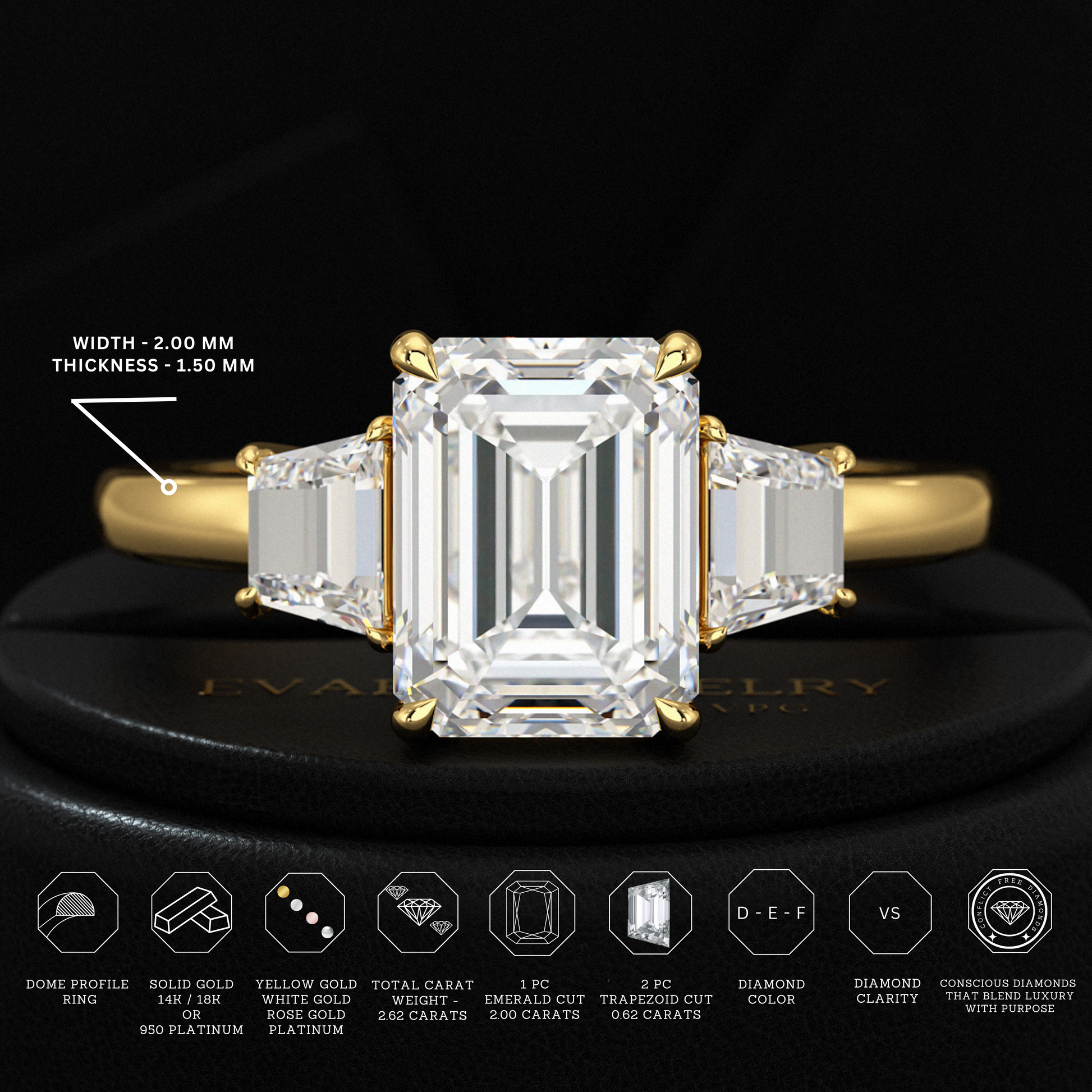 2 Carat Emerald Cut & Trapezoid Three Stone Engagement Ring - Evara Jewelry LLC