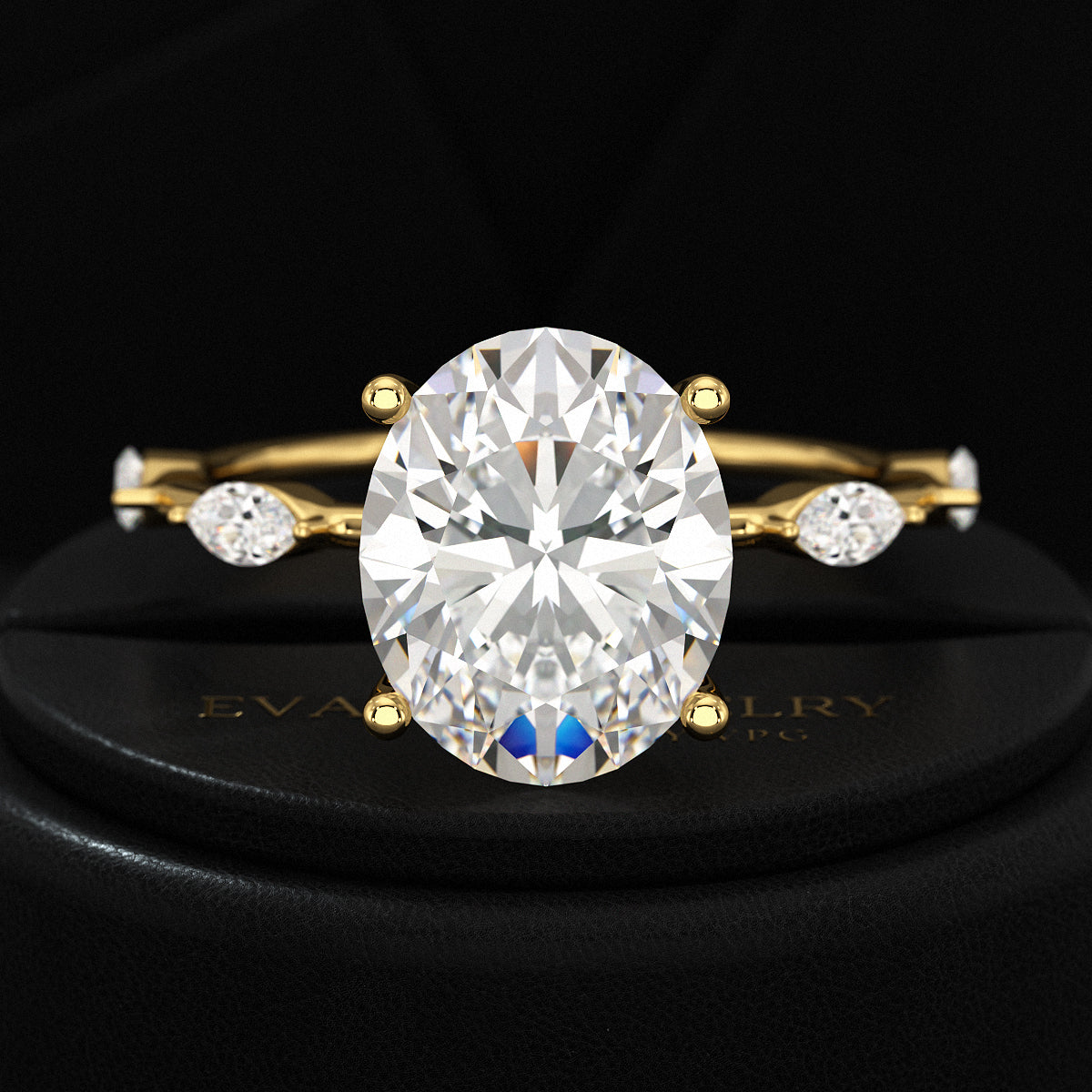 3 Carat Oval Lab Grown Diamond Minimalist Thin Engagement Ring with Marquise Accent Stones - Evara Jewelry LLC