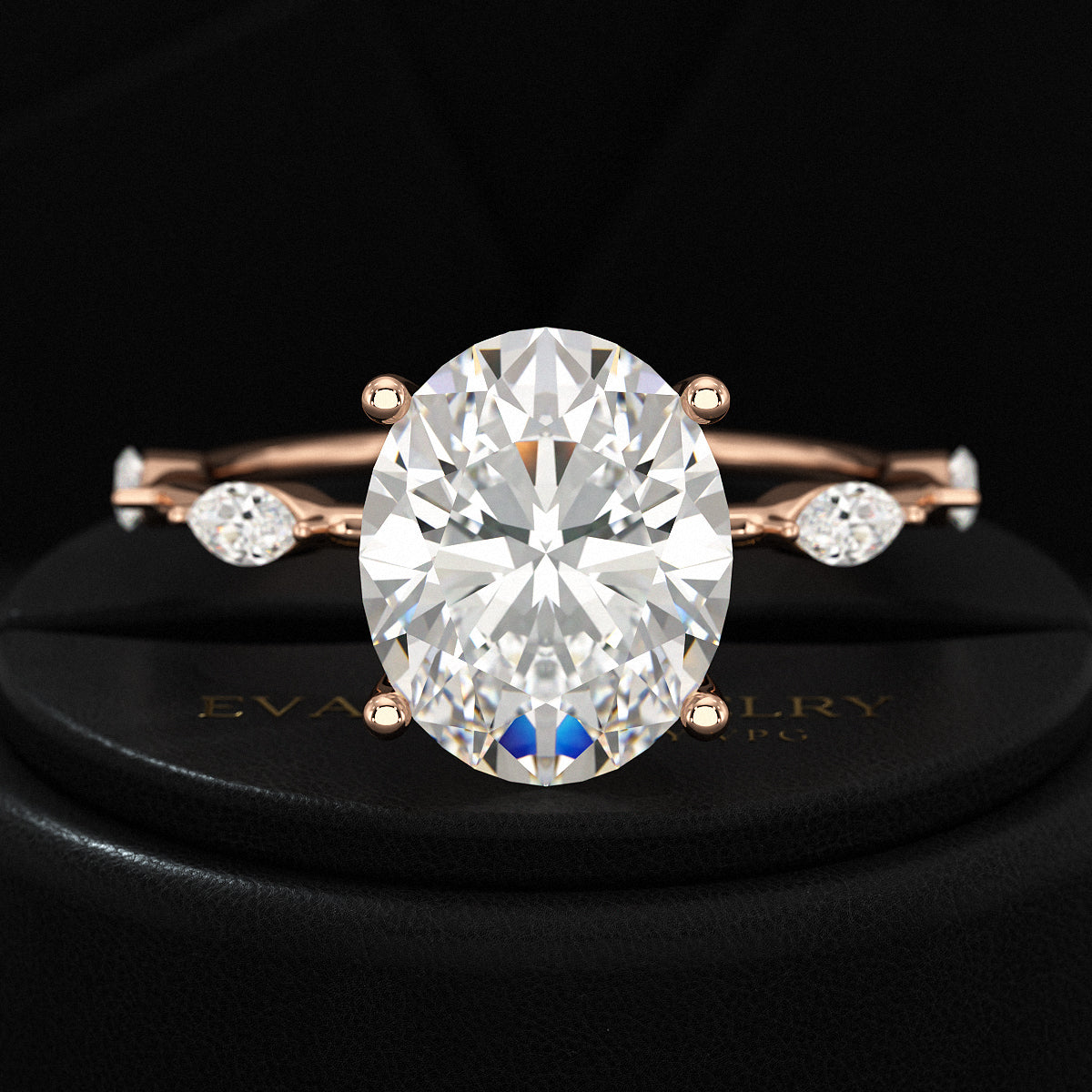 3 Carat Oval Lab Grown Diamond Minimalist Thin Engagement Ring with Marquise Accent Stones - Evara Jewelry LLC