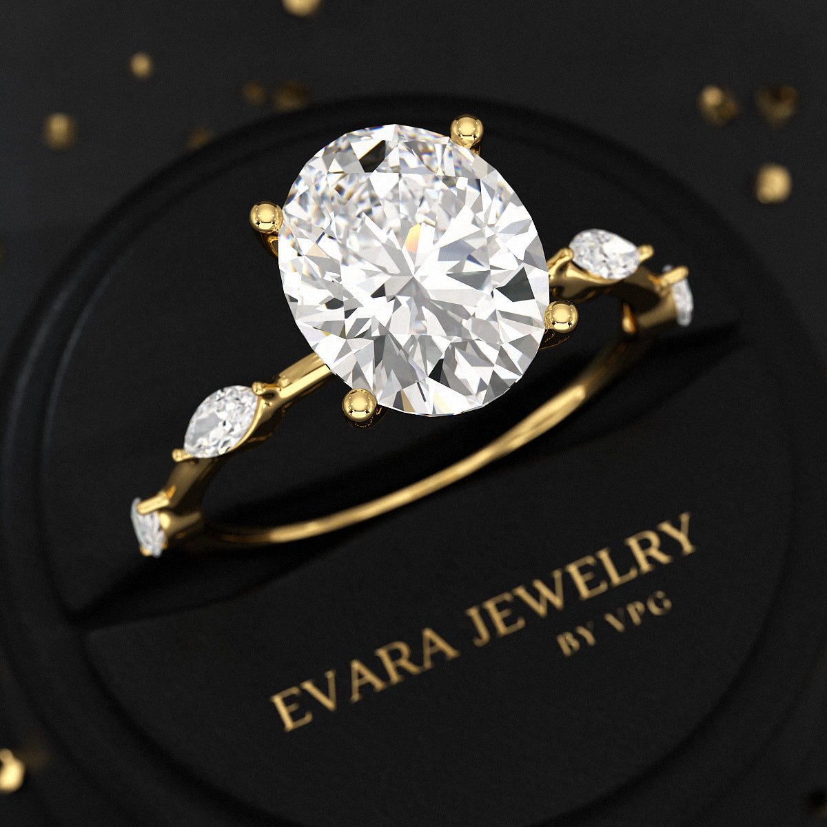 3 Carat Oval Lab Grown Diamond Minimalist Thin Engagement Ring with Marquise Accent Stones - Evara Jewelry LLC