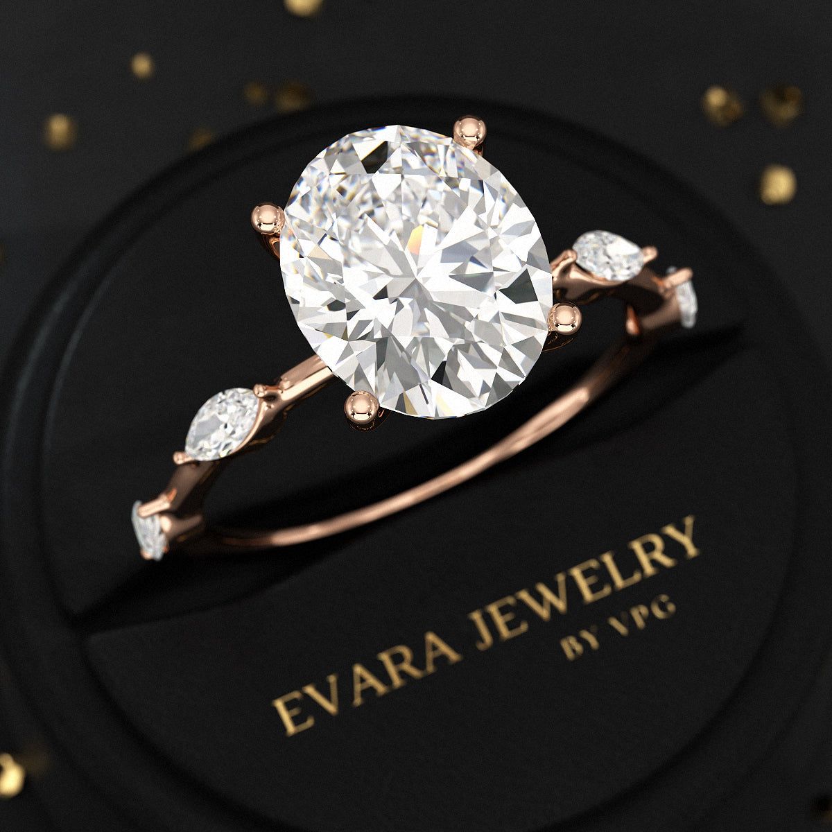 3 Carat Oval Lab Grown Diamond Minimalist Thin Engagement Ring with Marquise Accent Stones - Evara Jewelry LLC