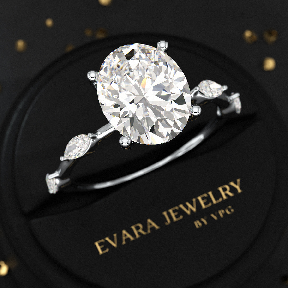 3 Carat Oval Lab Grown Diamond Minimalist Thin Engagement Ring with Marquise Accent Stones - Evara Jewelry LLC