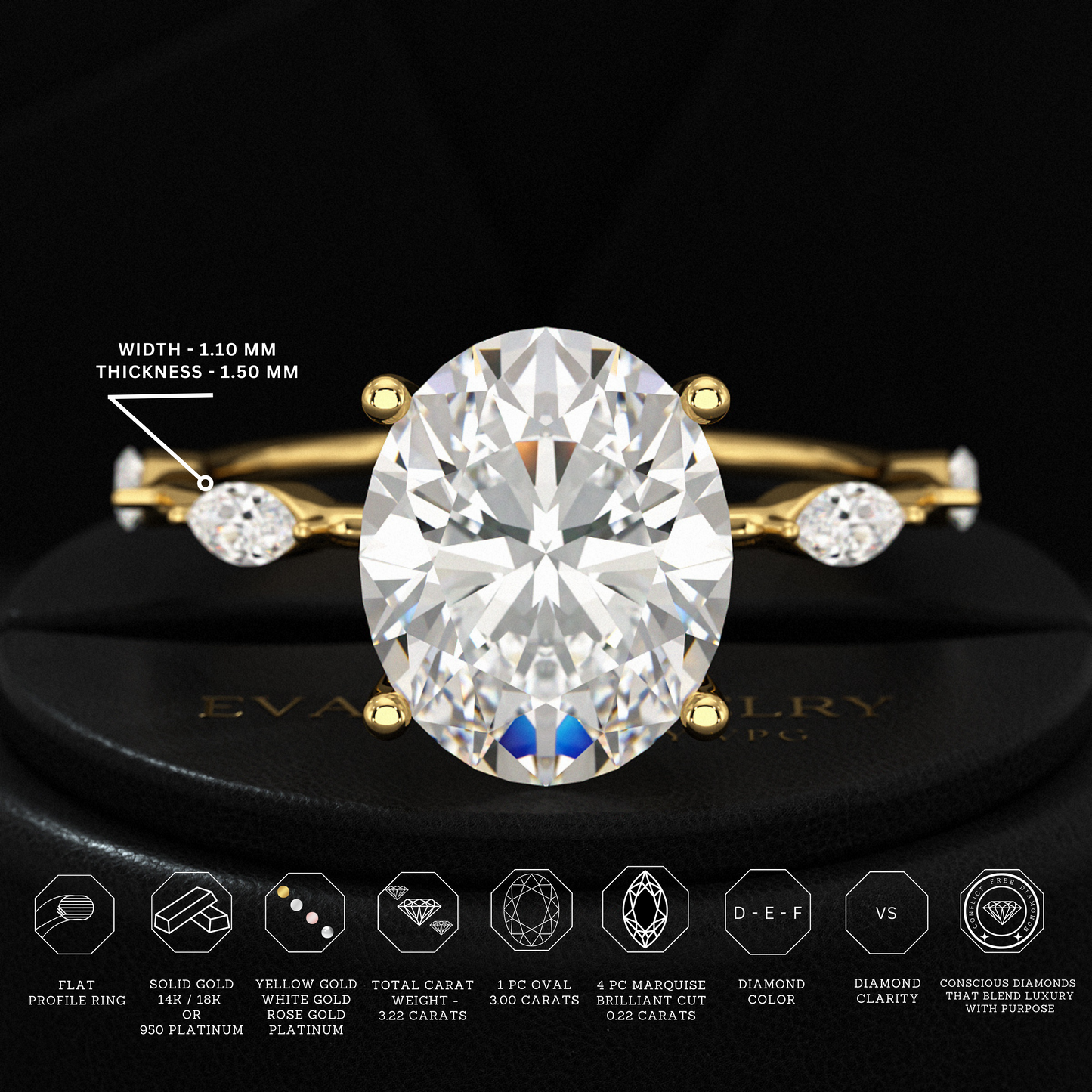 3 Carat Oval Lab Grown Diamond Minimalist Thin Engagement Ring with Marquise Accent Stones - Evara Jewelry LLC