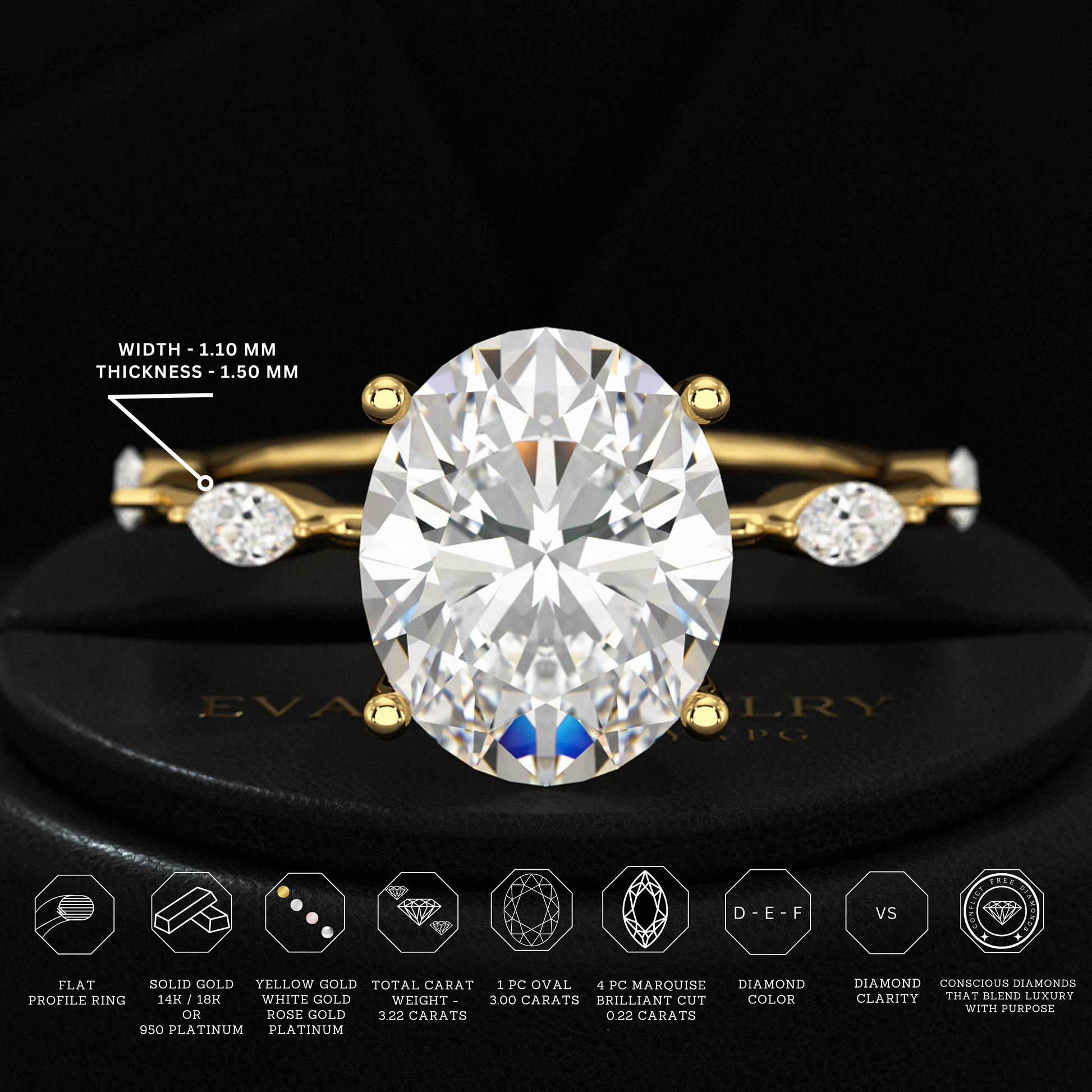 3 Carat Oval Lab Grown Diamond Minimalist Thin Engagement Ring with Marquise Accent Stones - Evara Jewelry LLC