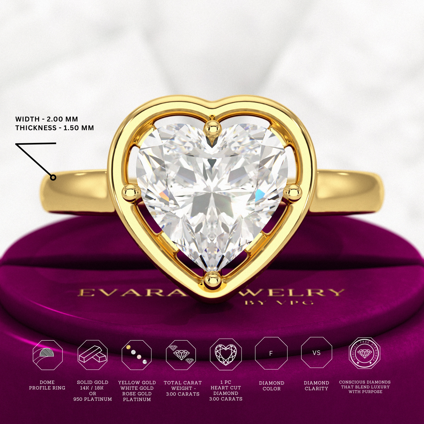 3 Carat Heart Cut Diamond Solitaire Minimalist Engagement Ring - Evara Jewelry LLC