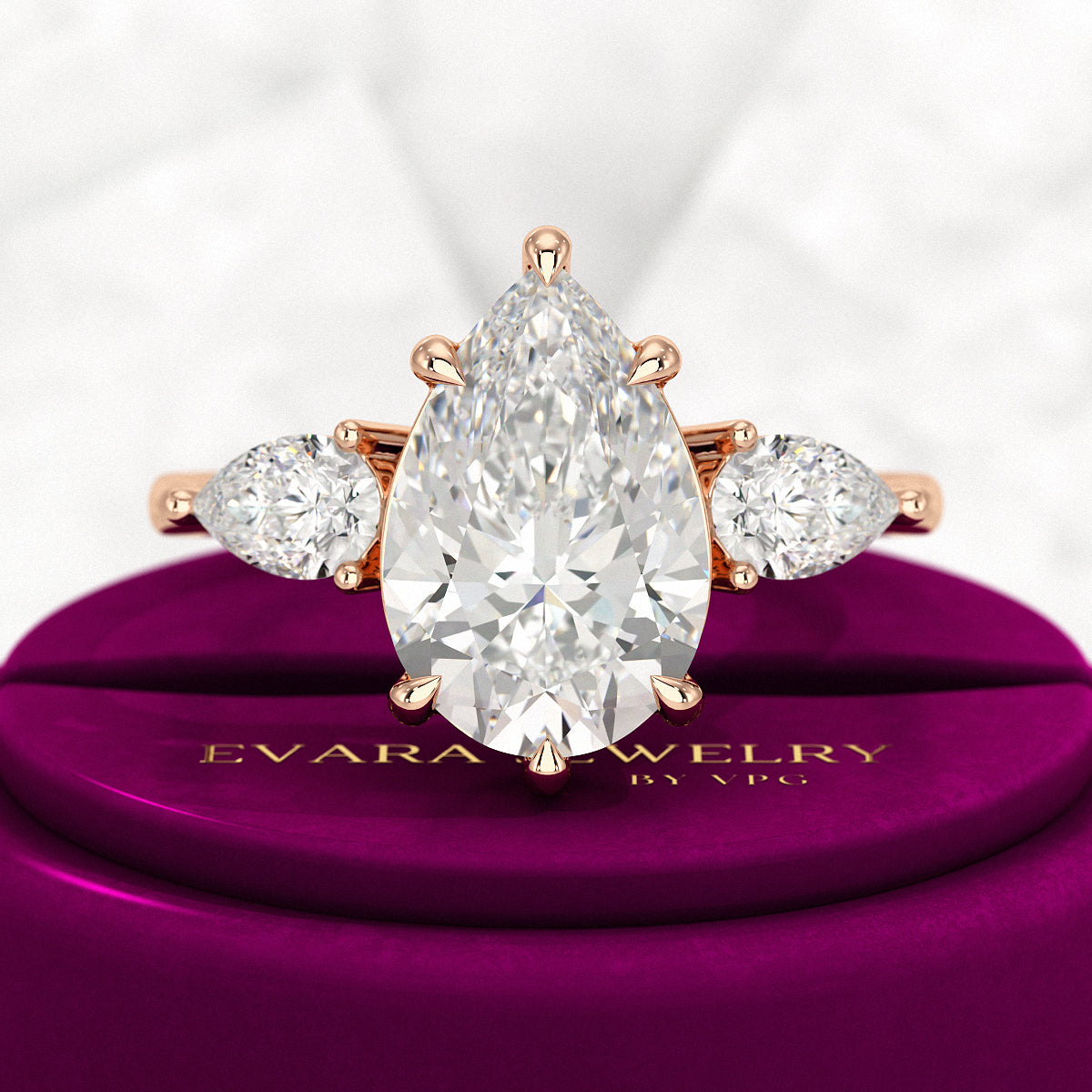 3 Carat Pear Cut Diamond Three Stone Engagement Ring - Evara Jewelry LLC