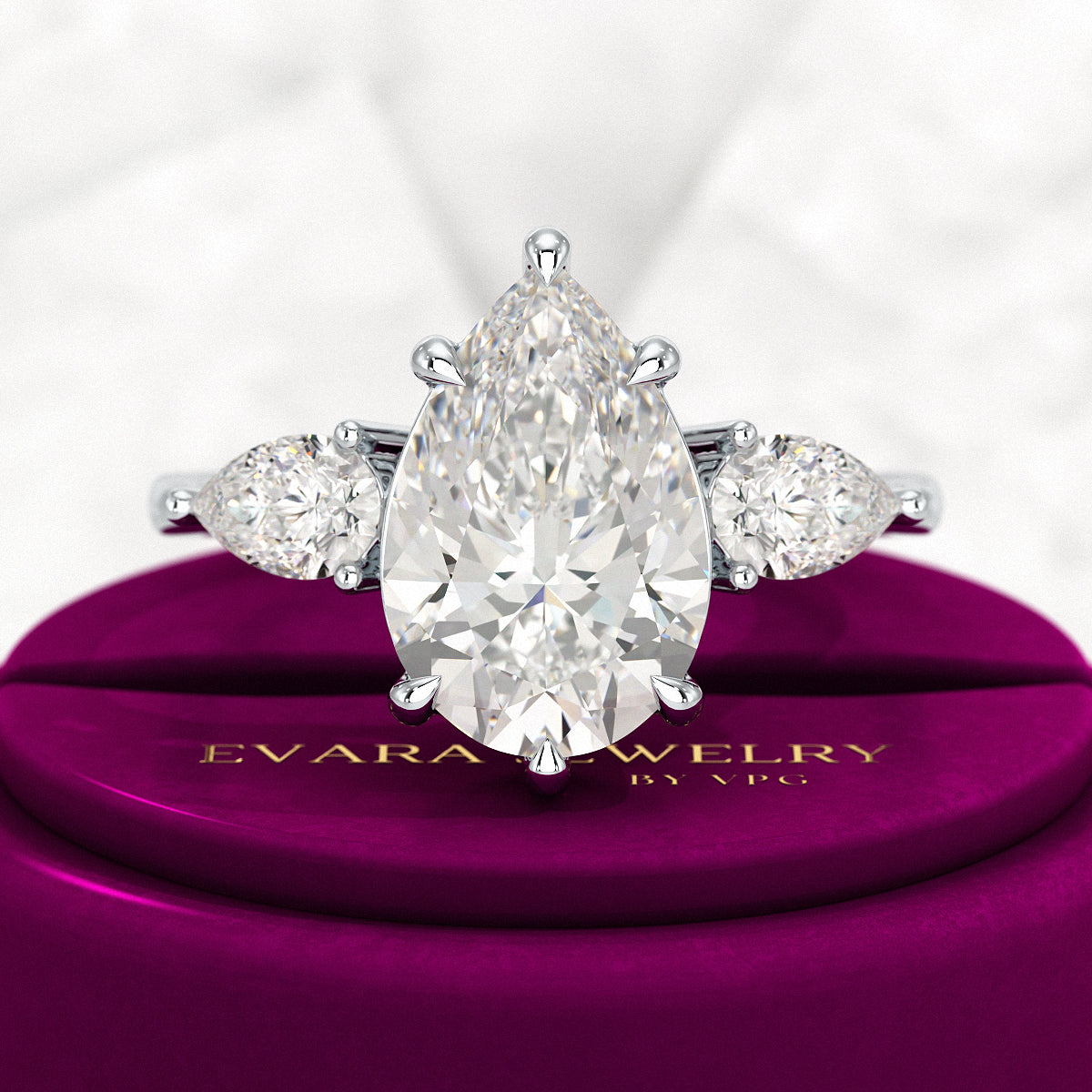 3 Carat Pear Cut Diamond Three Stone Engagement Ring - Evara Jewelry LLC