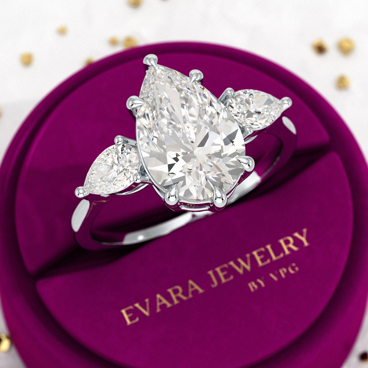 3 Carat Pear Cut Diamond Three Stone Engagement Ring - Evara Jewelry LLC